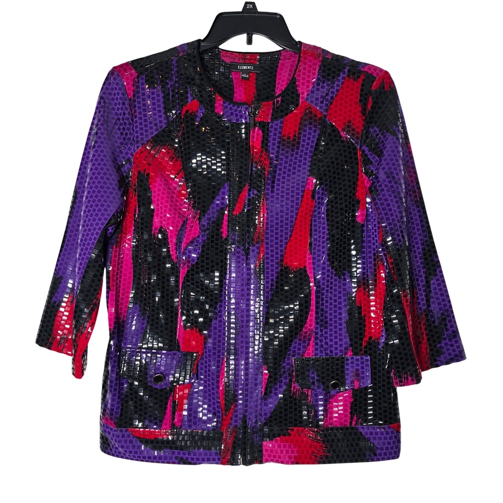 Elementz Women Large Purple Pink Black Sequin Zip Front Jacket Abstract MITJ0009